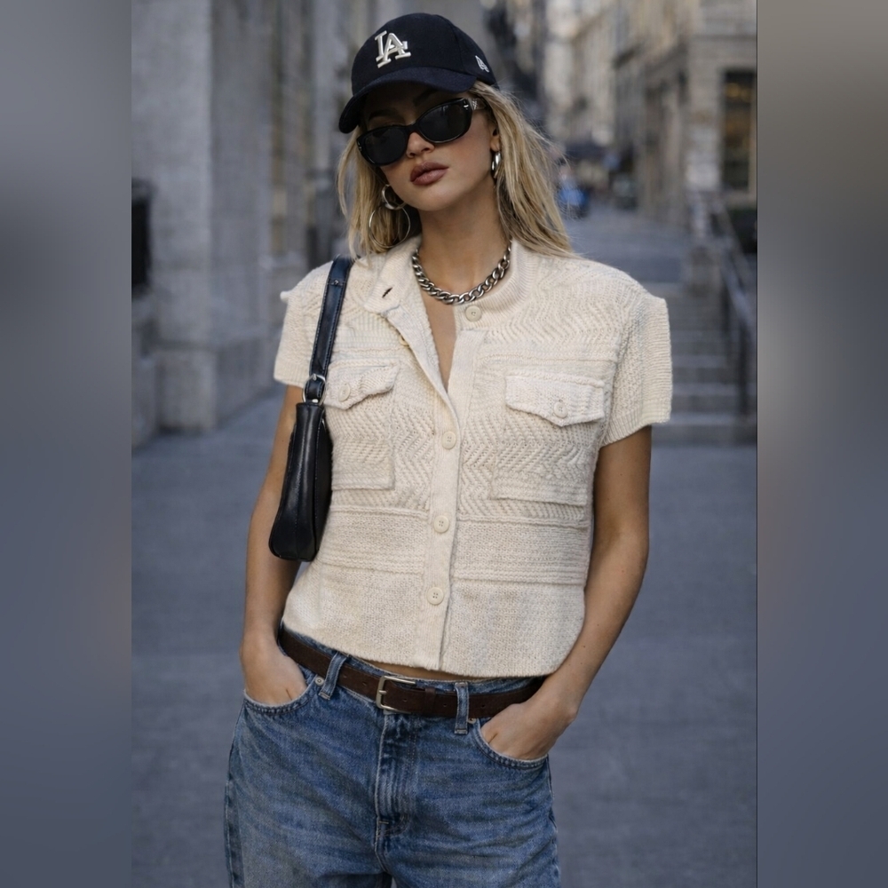 Stella McCartney Cable Knit Cream Short Sleeve Cardigan